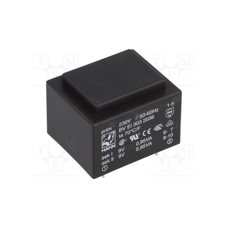 1 pcs x HAHN - BV EI 303 2036 - Transformer: encapsulated, 1.9VA, 230VAC, 9V, 9V, 105mA, 105mA, PCB
