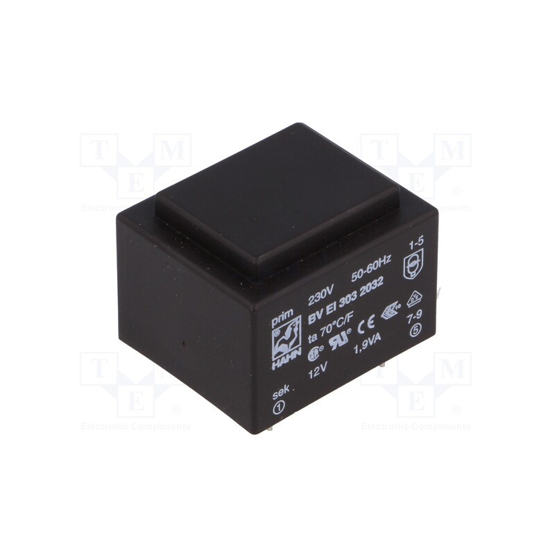 1 pcs x HAHN - BV EI 303 2032 - Transformer: encapsulated, 1.9VA, 230VAC, 12V, 158mA, PCB, BVEI