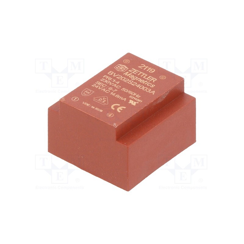 1 pcs x ZETTLER - BV202S24003A - Transformer: encapsulated, 0.35VA, 230VAC, 24V, PCB, 24x16x23mm