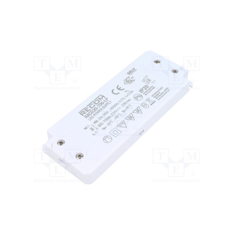 1 pcs x RECOM - RACD20-700-LP - Power supply: switched-mode, LED, 20W, 2÷31VDC, 700mA, 198÷264VAC