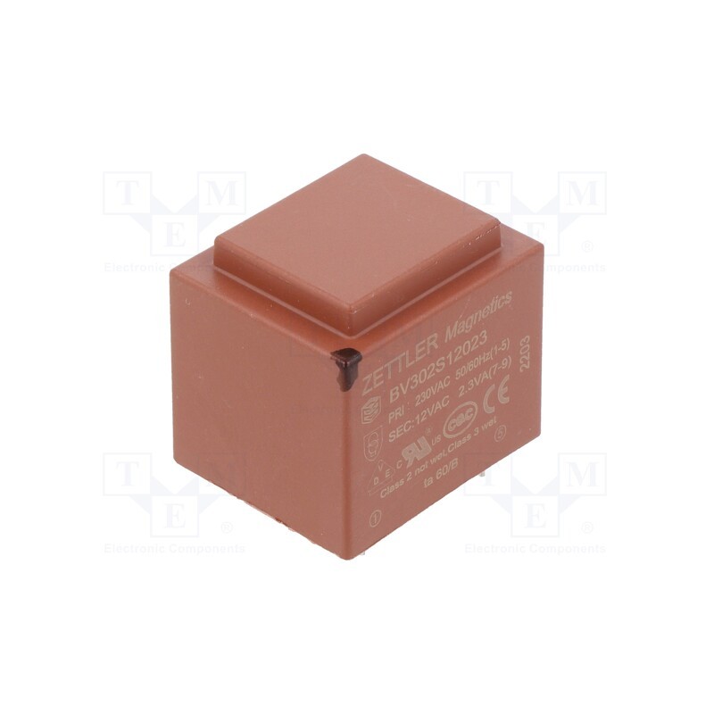 1 pcs x ZETTLER - BV302S12023 - Transformer: encapsulated, 2.3VA, 230VAC, 12V, 192mA, PCB