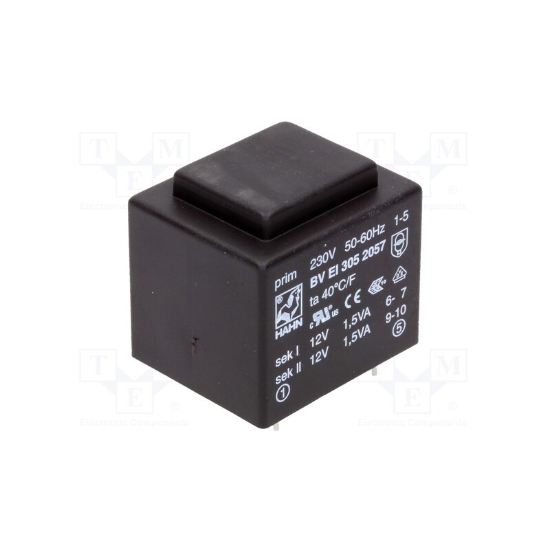1 pcs x HAHN - BV EI 305 2057 - Transformer: encapsulated, 3VA, 230VAC, 12V, 12V, 125mA, 125mA, PCB