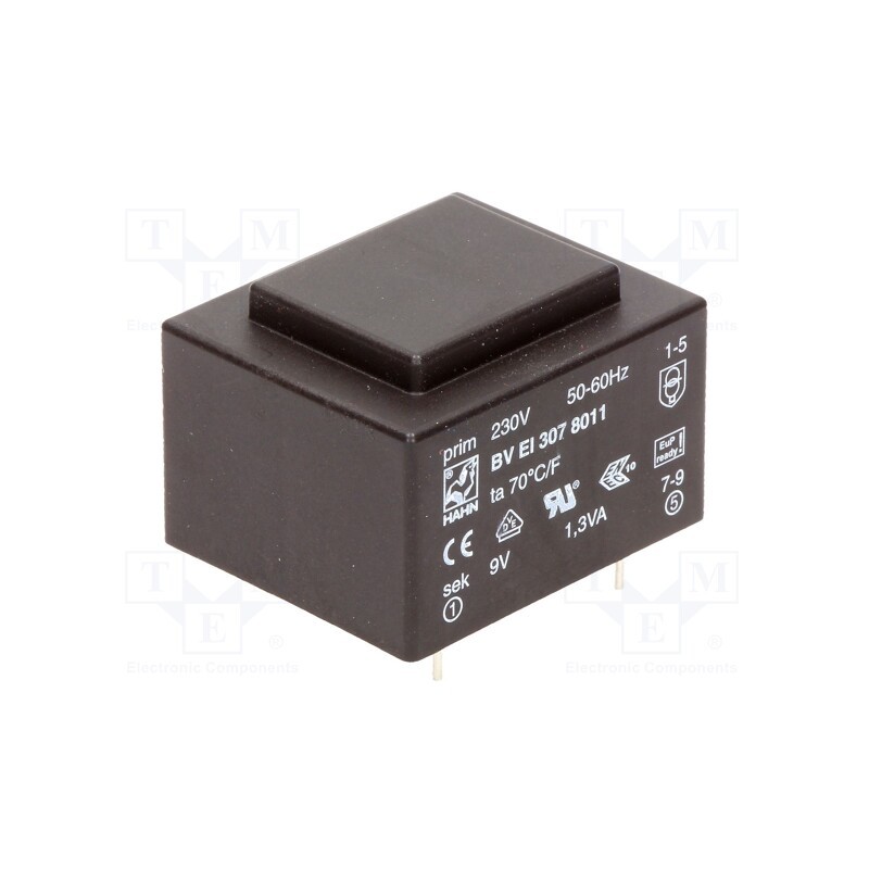 1 pcs x HAHN - BV EI 307 8011 - Transformer: encapsulated, 1.3VA, 230VAC, 9V, 144mA, PCB, BVEI
