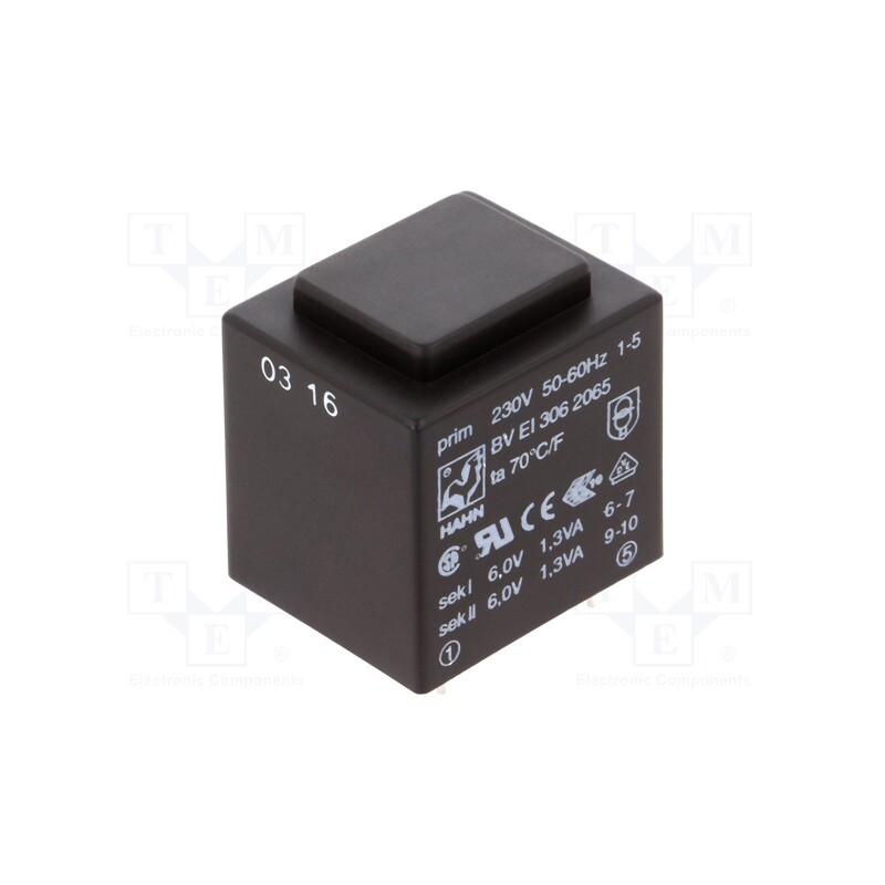 1 pcs x HAHN - BV EI 306 2065 - Transformer: encapsulated, 2.6VA, 230VAC, 6V, 6V, 217mA, 217mA, PCB