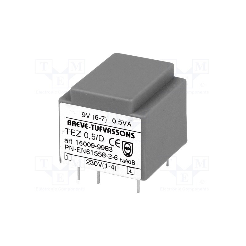 1 pcs x BREVE TUFVASSONS - TEZ0.5/D230/9V - Transformer: encapsulated, 0.5VA, 230VAC, 9V, 55.5mA, PCB, IP00