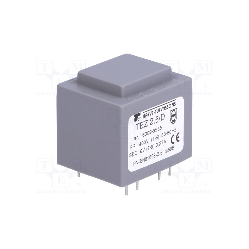 1 pcs x BREVE TUFVASSONS - TEZ2.6/D400/9V - Transformer: encapsulated, 2.5VA, 400VAC, 9V, 277.8mA, PCB, IP00