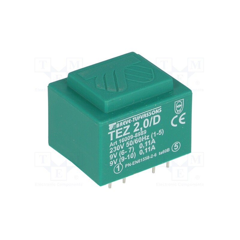 1 pcs x BREVE TUFVASSONS - TEZ2/D230/9-9V - Transformer: encapsulated, 2VA, 230VAC, 9V, 9V, 111.1mA, 111.1mA
