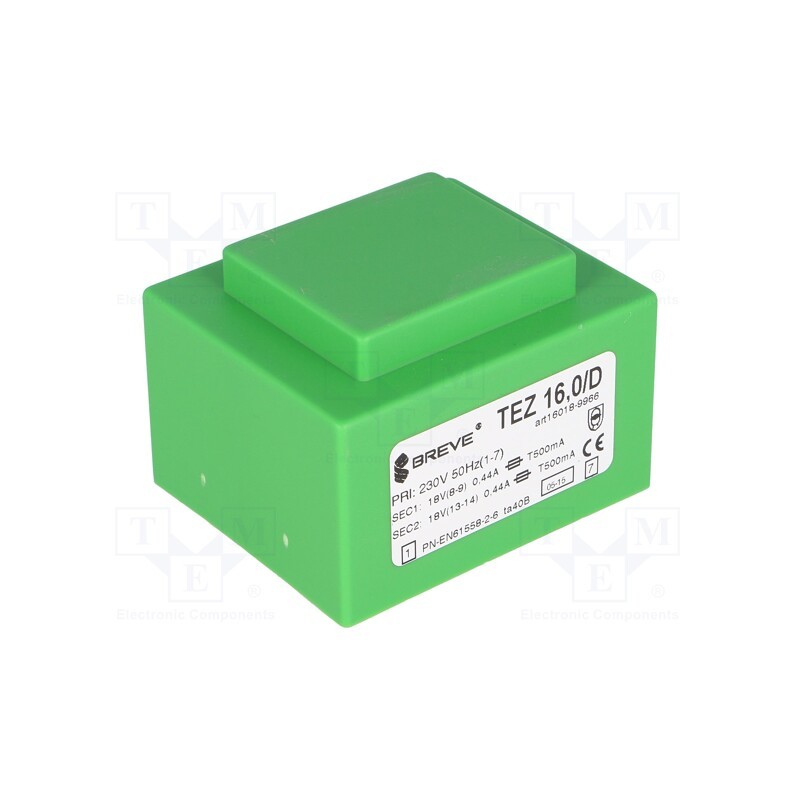 1 pcs x BREVE TUFVASSONS - TEZ16/D230/18-18V - Transformer: encapsulated, 16VA, 230VAC, 18V, 18V, 444.4mA, 444.4mA