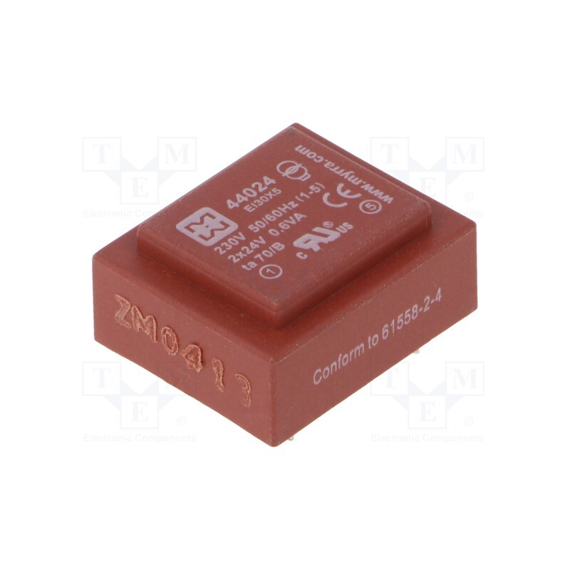 1 pcs x MYRRA - 44024 - Transformer: encapsulated, 0.6VA, 230VAC, 24V, 24V, 12mA, 12mA, PCB