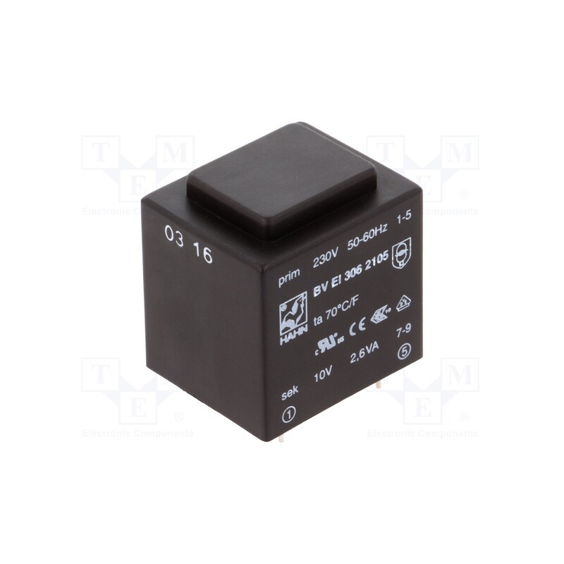 1 pcs x HAHN - BV EI 306 2105 - Transformer: encapsulated, 2.6VA, 230VAC, 10V, 260mA, PCB, BVEI