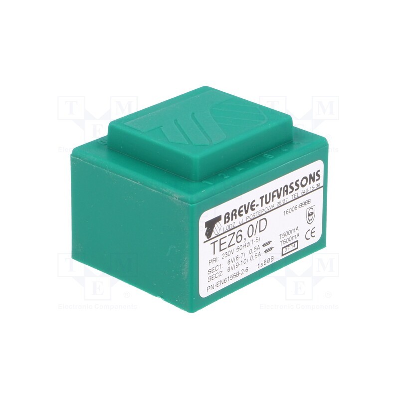 1 pcs x BREVE TUFVASSONS - TEZ6/D230/6-6V - Transformer: encapsulated, 6VA, 230VAC, 6V, 6V, 500mA, 500mA, PCB