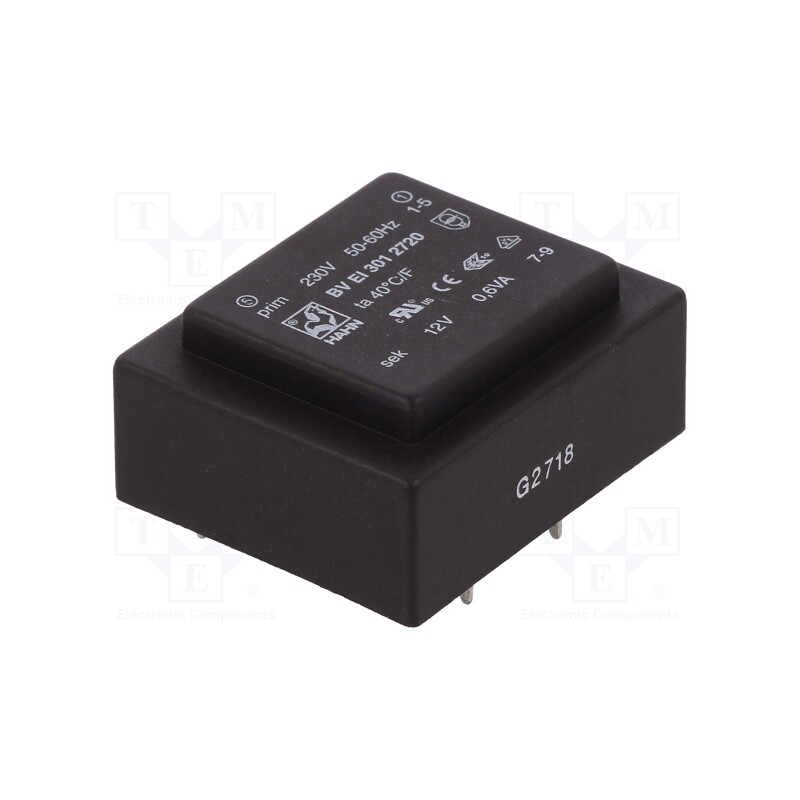 1 pcs x HAHN - BV EI 301 2720 - Transformer: encapsulated, 0.6VA, 230VAC, 12V, 50mA, PCB, BVEI