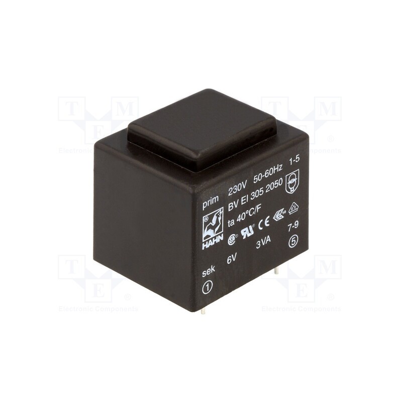 1 pcs x HAHN - BV EI 305 2050 - Transformer: encapsulated, 3VA, 230VAC, 6V, 500mA, PCB, BVEI