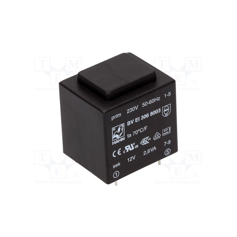 1 pcs x HAHN - BV EI 306 8003 - Transformer: encapsulated, 2.8VA, 230VAC, 12V, 233mA, PCB, BVEI