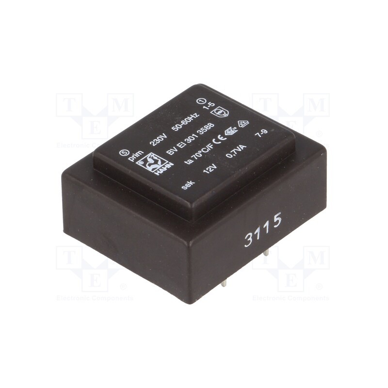 1 pcs x HAHN - BV EI 301 3588 - Transformer: encapsulated, 0.7VA, 230VAC, 12V, 58mA, PCB, BVEI