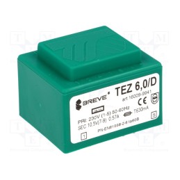 1 pcs x BREVE TUFVASSONS - TEZ6/D230/10.5V - Transformer: encapsulated, 6VA, 230VAC, 10.5V, 571.4mA, PCB, IP00