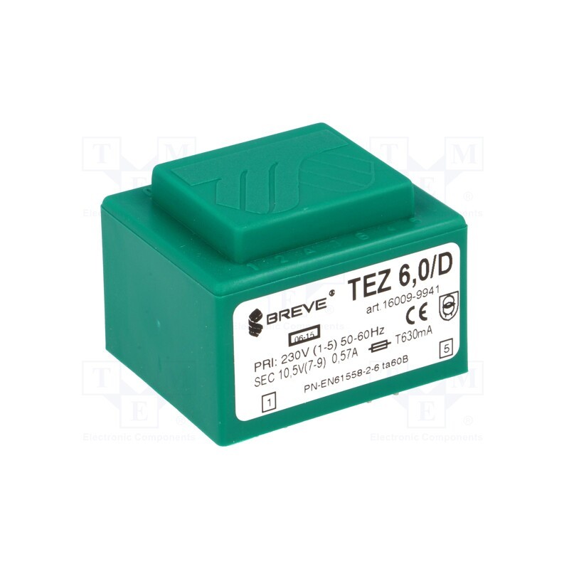 1 pcs x BREVE TUFVASSONS - TEZ6/D230/10.5V - Transformer: encapsulated, 6VA, 230VAC, 10.5V, 571.4mA, PCB, IP00