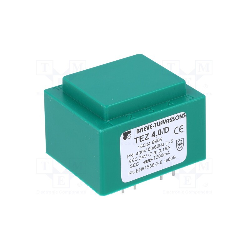1 pcs x BREVE TUFVASSONS - TEZ4/D400/24V - Transformer: encapsulated, 4VA, 400VAC, 24V, 166.6mA, PCB, IP00