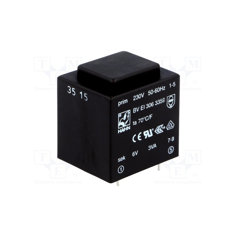1 pcs x HAHN - BV EI 306 3359 - Transformer: encapsulated, 3VA, 230VAC, 6V, 500mA, PCB, BVEI
