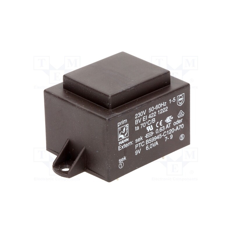 1 pcs x HAHN - BV EI 422 1222 - Transformer: encapsulated, 6VA, 230VAC, 9V, 667mA, PCB, BVEI