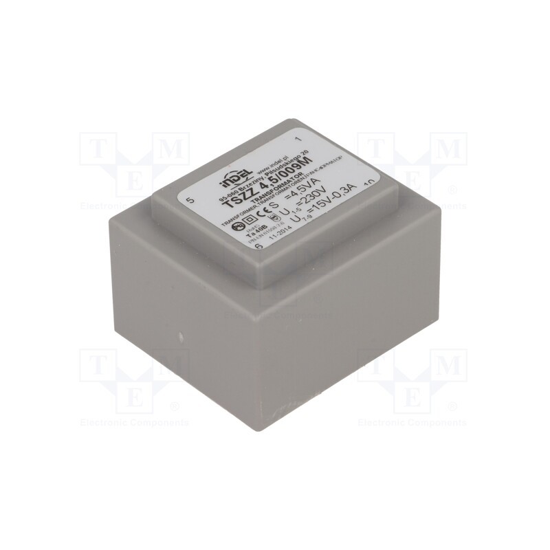 1 pcs x INDEL - TSZZ4.5/009M - Transformer: encapsulated, 4.5VA, 230VAC, 15V, 300mA, PCB, IP00