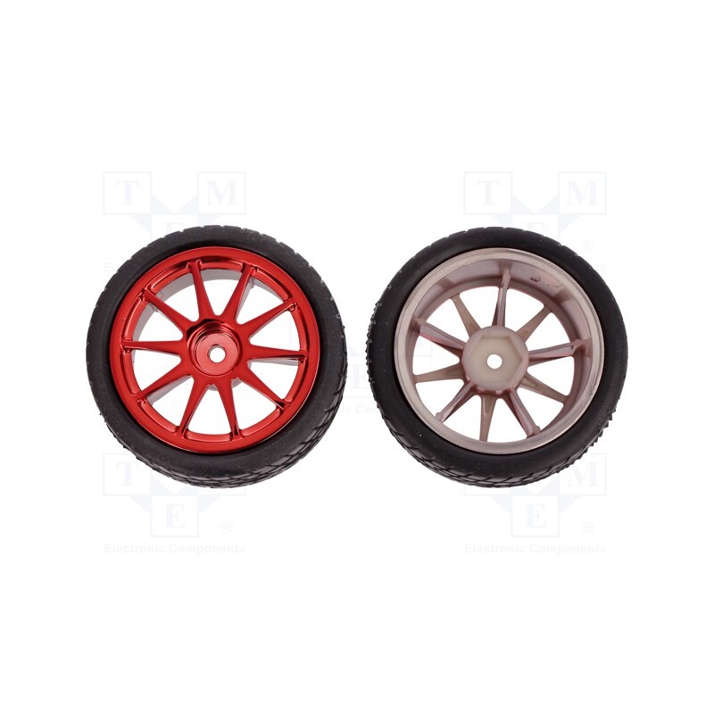 1 set x DFROBOT - FIT0199-R - Wheel, red, Shaft: smooth, screw, Ø: 65mm, Plating: rubber, W: 26mm
