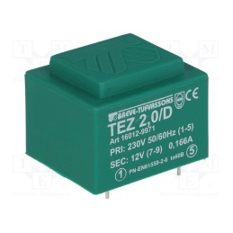 1 pcs x BREVE TUFVASSONS - TEZ2/D230/12V - Transformer: encapsulated, 2VA, 230VAC, 12V, 166.6mA, PCB, IP00