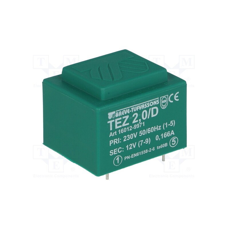 1 pcs x BREVE TUFVASSONS - TEZ2/D230/12V - Transformer: encapsulated, 2VA, 230VAC, 12V, 166.6mA, PCB, IP00