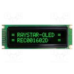 1 pcs x RAYSTAR OPTRONICS - REC001602DGPP5N00100 - Display: OLED, alphanumeric, 16x2, Dim: 85x30x10mm, green, PIN: 14