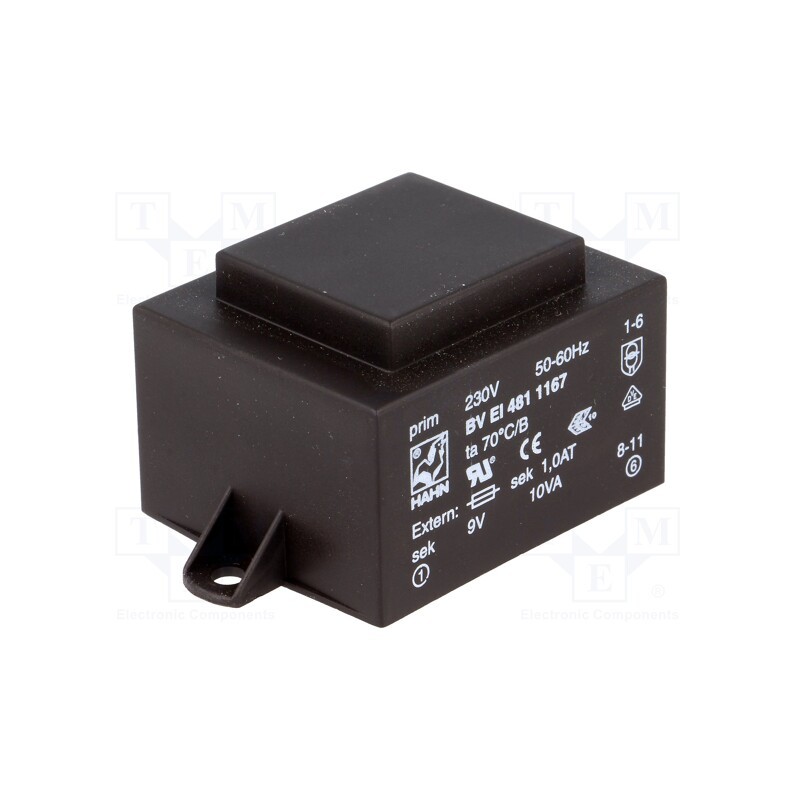 1 pcs x HAHN - BV EI 481 1167 - Transformer: encapsulated, 10VA, 230VAC, 9V, 1111mA, PCB, BVEI