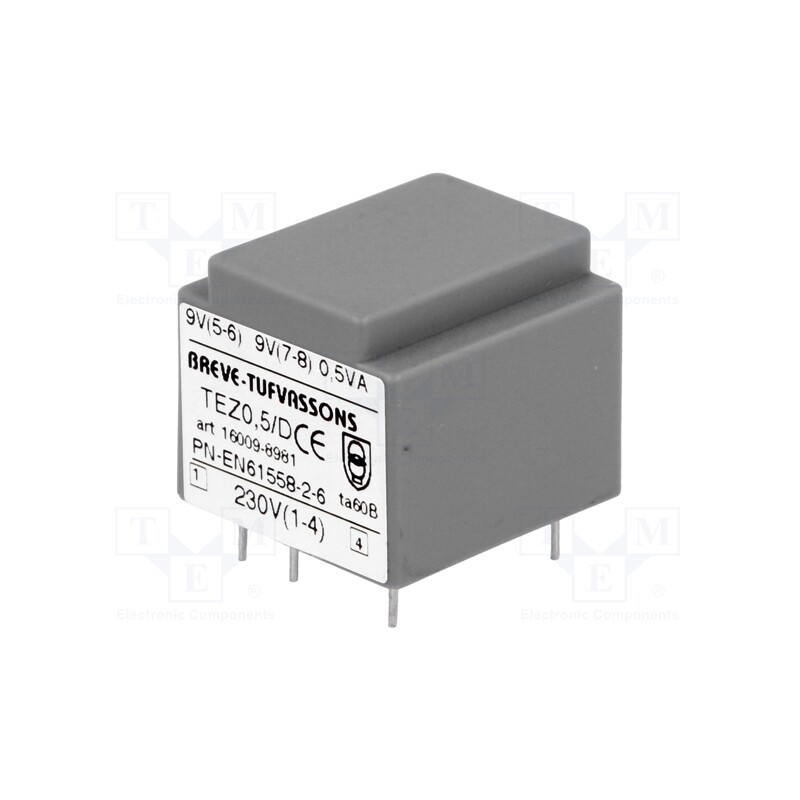 1 pcs x BREVE TUFVASSONS - TEZ0.5/D230/9-9V - Transformer: encapsulated, 0.5VA, 230VAC, 9V, 9V, 27.7mA, 27.7mA