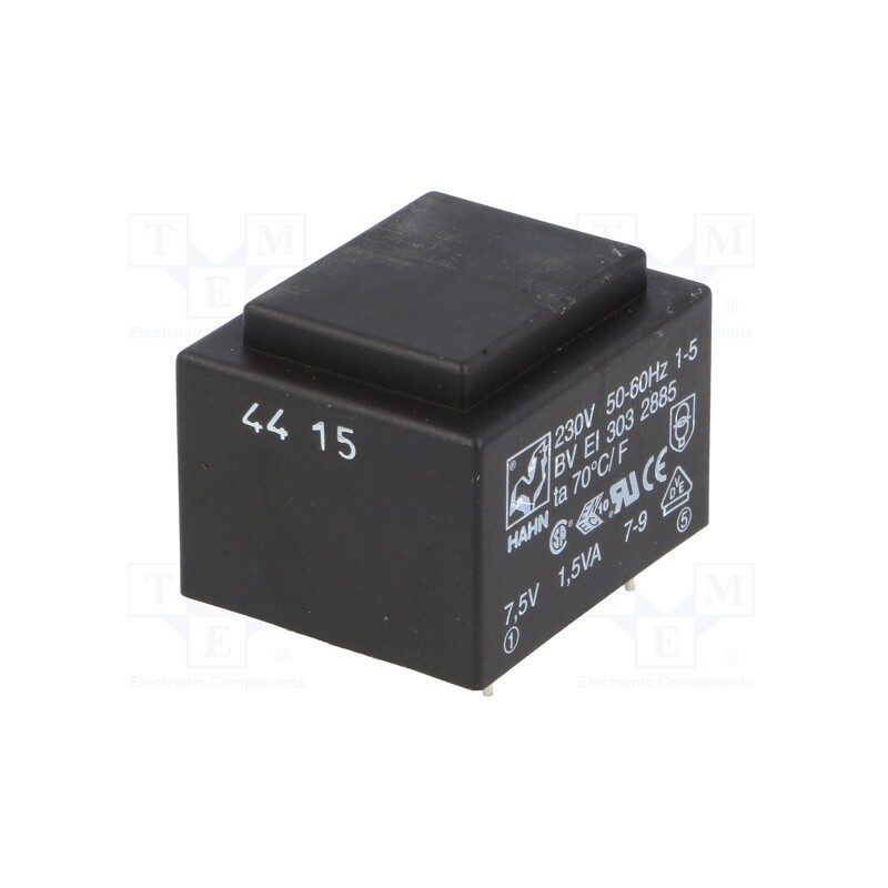 1 pcs x HAHN - BV EI 303 2885 - Transformer: encapsulated, 1.5VA, 230VAC, 7.5V, 200mA, PCB, BVEI