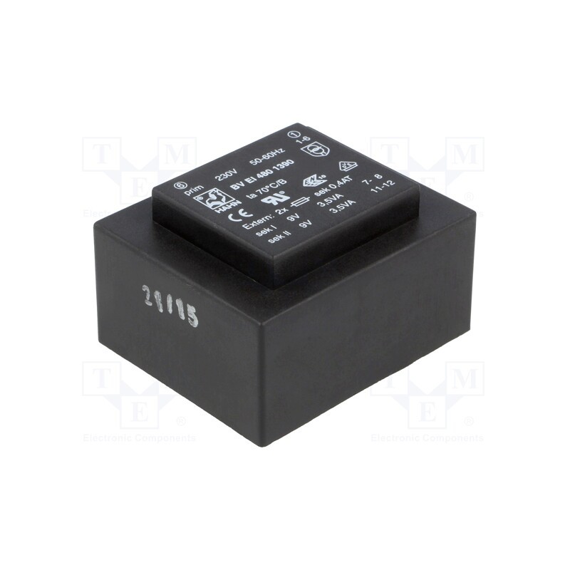 1 pcs x HAHN - BV EI 480 1390 - Transformer: encapsulated, 7VA, 230VAC, 9V, 9V, 389mA, 389mA, PCB