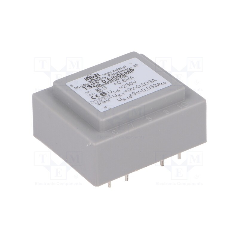 1 pcs x INDEL - TSZZ0.6/006MP - Transformer: encapsulated, 0.6VA, 230VAC, 9V, 9V, 33mA, 33mA, PCB