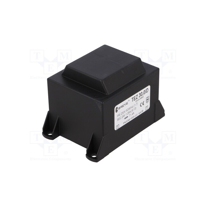 1 pcs x BREVE TUFVASSONS - TEZ30/D230/24V - Transformer: encapsulated, 30VA, 230VAC, 24V, 1.25A, PCB, IP00, TEZ