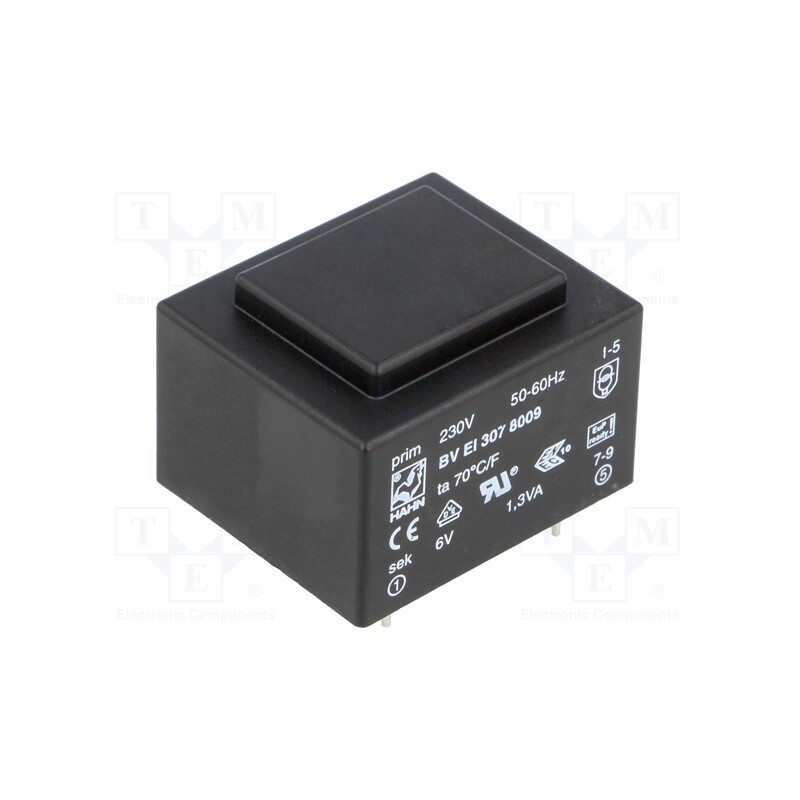 1 pcs x HAHN - BV EI 307 8009 - Transformer: encapsulated, 1.3VA, 230VAC, 6V, 216mA, PCB, BVEI
