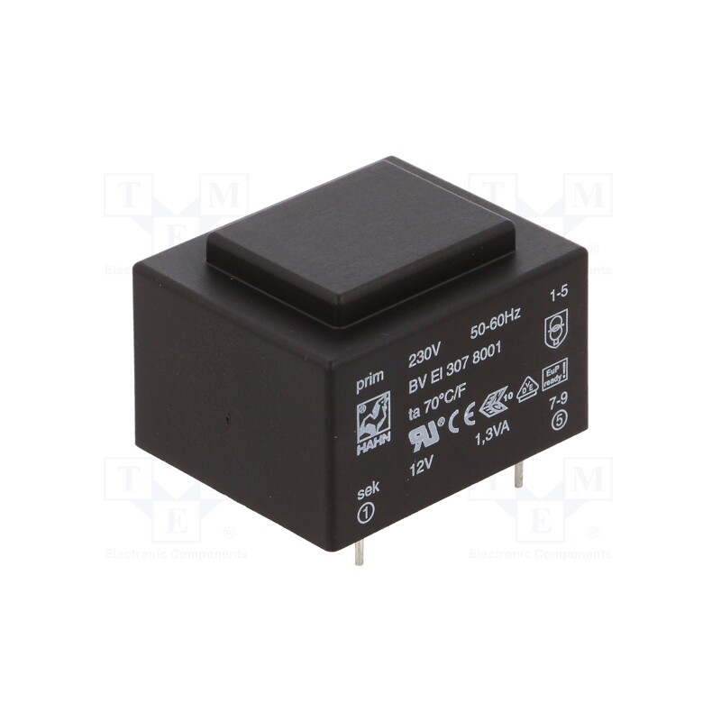 1 pcs x HAHN - BV EI 307 8001 - Transformer: encapsulated, 1.3VA, 230VAC, 12V, 108mA, PCB, BVEI