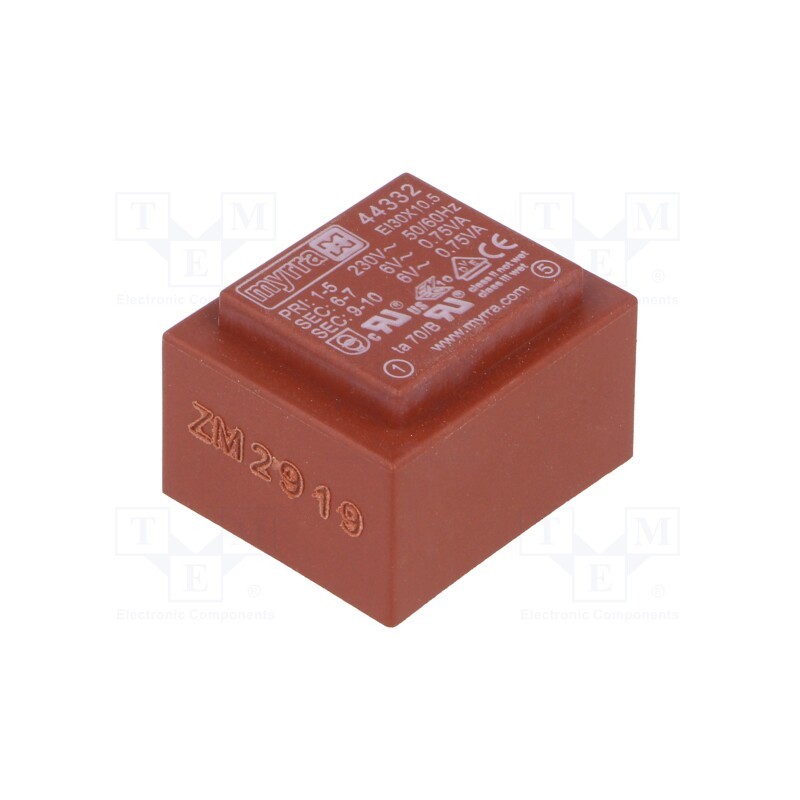 1 pcs x MYRRA - 44332 - Transformer: encapsulated, 1.5VA, 230VAC, 6V, 6V, 125mA, 125mA, PCB