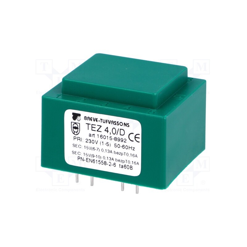 1 pcs x BREVE TUFVASSONS - TEZ4/D230/15-15V - Transformer: encapsulated, 4VA, 230VAC, 15V, 15V, 133.3mA, 133.3mA