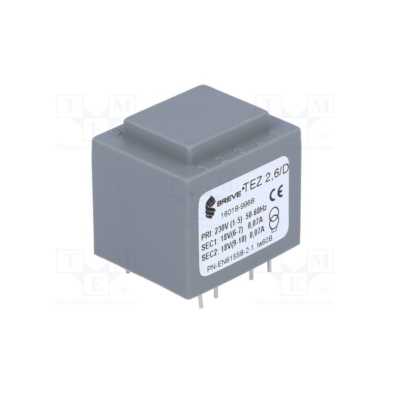 1 pcs x BREVE TUFVASSONS - TEZ2.6/D230/18-18V - Transformer: encapsulated, 2.5VA, 230VAC, 18V, 18V, 69.4mA, 69.4mA
