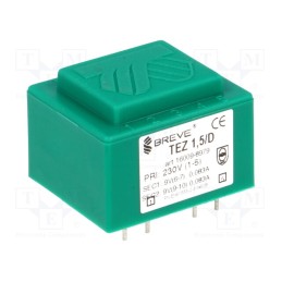 1 pcs x BREVE TUFVASSONS - TEZ1.5/D230/9-9V - Transformer: encapsulated, 1.5VA, 230VAC, 9V, 9V, 83mA, 83mA, PCB