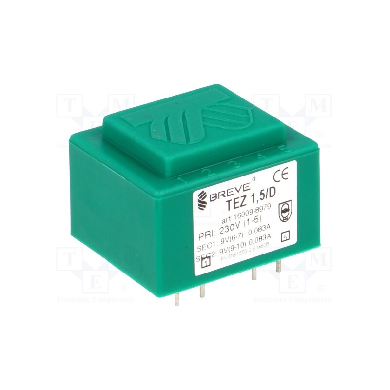 1 pcs x BREVE TUFVASSONS - TEZ1.5/D230/9-9V - Transformer: encapsulated, 1.5VA, 230VAC, 9V, 9V, 83mA, 83mA, PCB