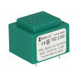 1 pcs x BREVE TUFVASSONS - TEZ2/D230/7.5V - Transformer: encapsulated, 2VA, 230VAC, 7.5V, 266.6mA, PCB, IP00