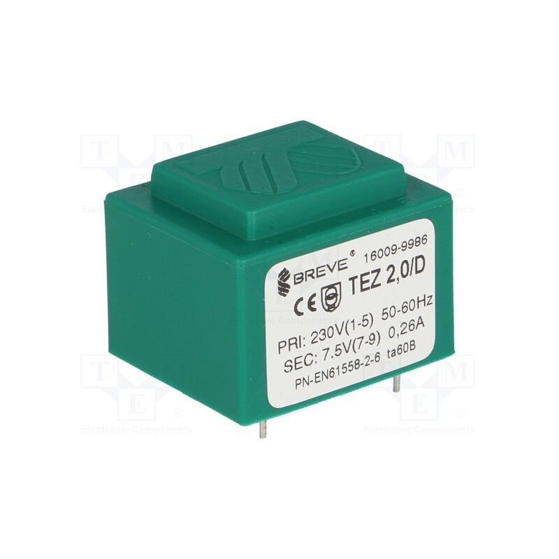 1 pcs x BREVE TUFVASSONS - TEZ2/D230/7.5V - Transformer: encapsulated, 2VA, 230VAC, 7.5V, 266.6mA, PCB, IP00