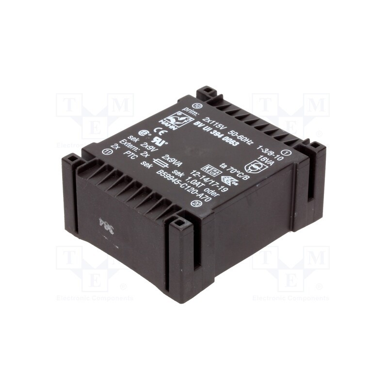 1 pcs x HAHN - BV UI 394 0063 - Transformer: encapsulated, 18VA, 115VACx2, 9V, 9V, 1A, 1A, PCB, BVUI