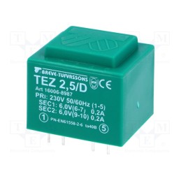 1 pcs x BREVE TUFVASSONS - TEZ2.5/D230/6-6V - Transformer: encapsulated, 2.5VA, 230VAC, 6V, 6V, 208.3mA, 208.3mA