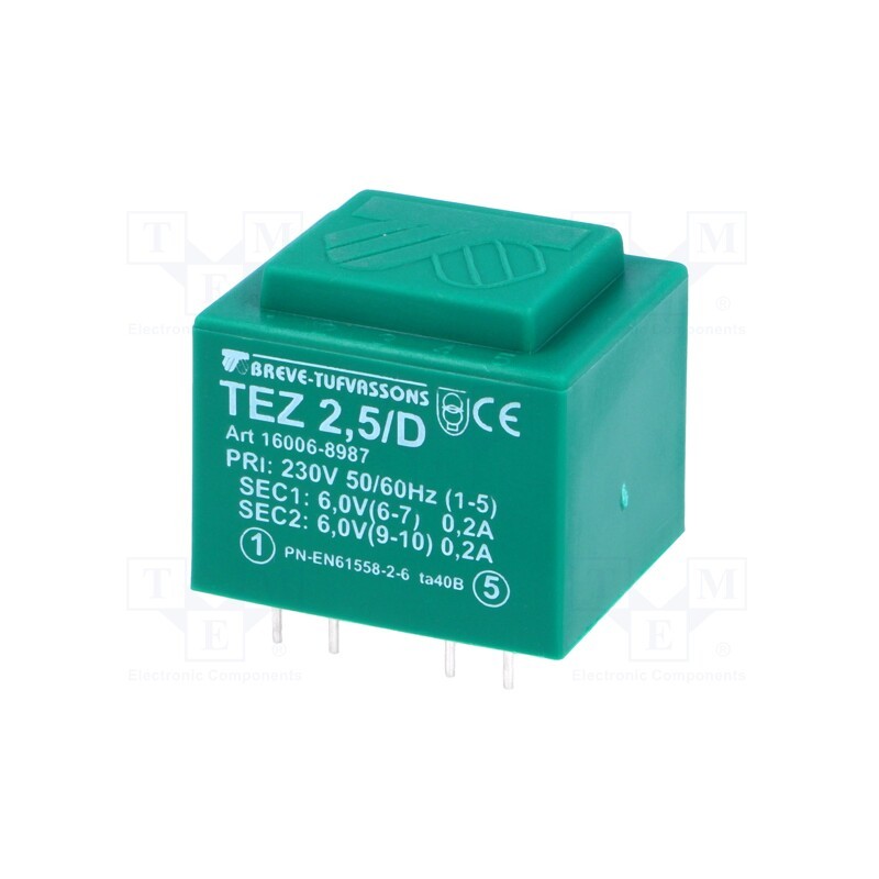 1 pcs x BREVE TUFVASSONS - TEZ2.5/D230/6-6V - Transformer: encapsulated, 2.5VA, 230VAC, 6V, 6V, 208.3mA, 208.3mA