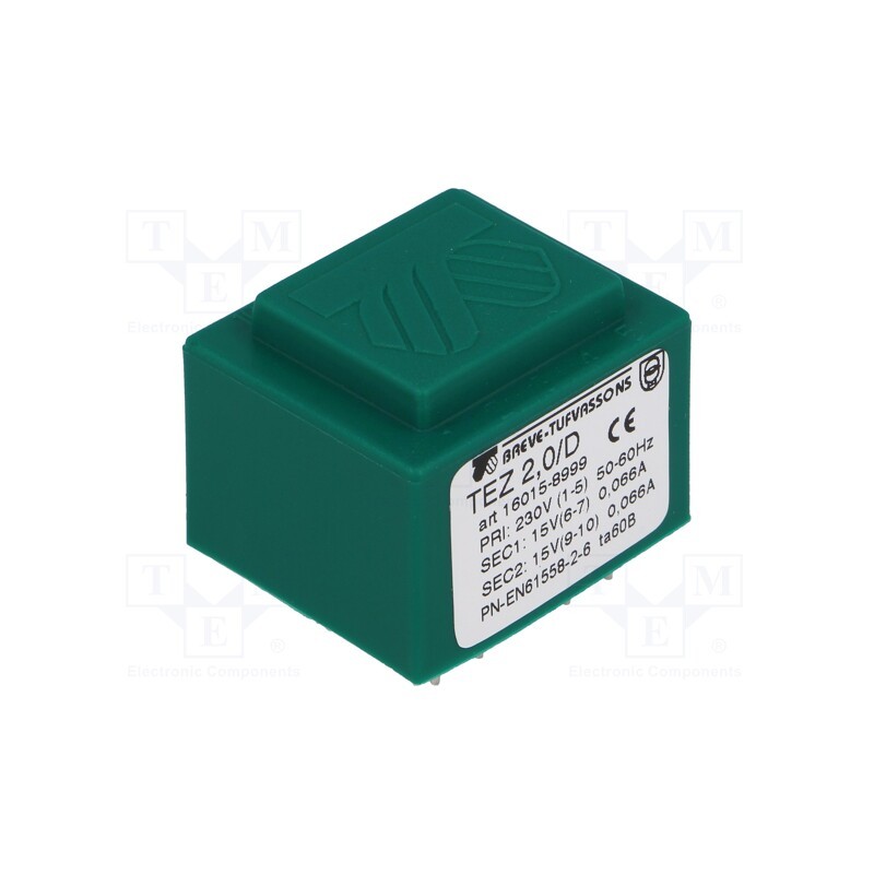 1 pcs x BREVE TUFVASSONS - TEZ2/D230/15-15V - Transformer: encapsulated, 2VA, 230VAC, 15V, 15V, 66.6mA, 66.6mA