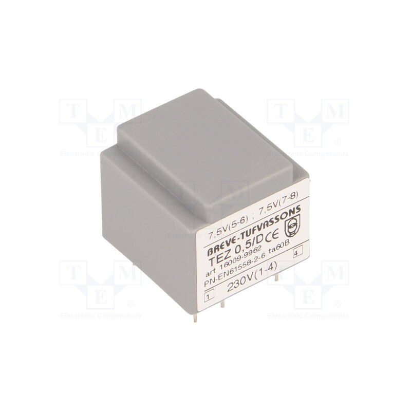 1 pcs x BREVE TUFVASSONS - TEZ0.5/D230/7.5-7.5V - Transformer: encapsulated, 0.5VA, 230VAC, 7.5V, 7.5V, 33.3mA, PCB