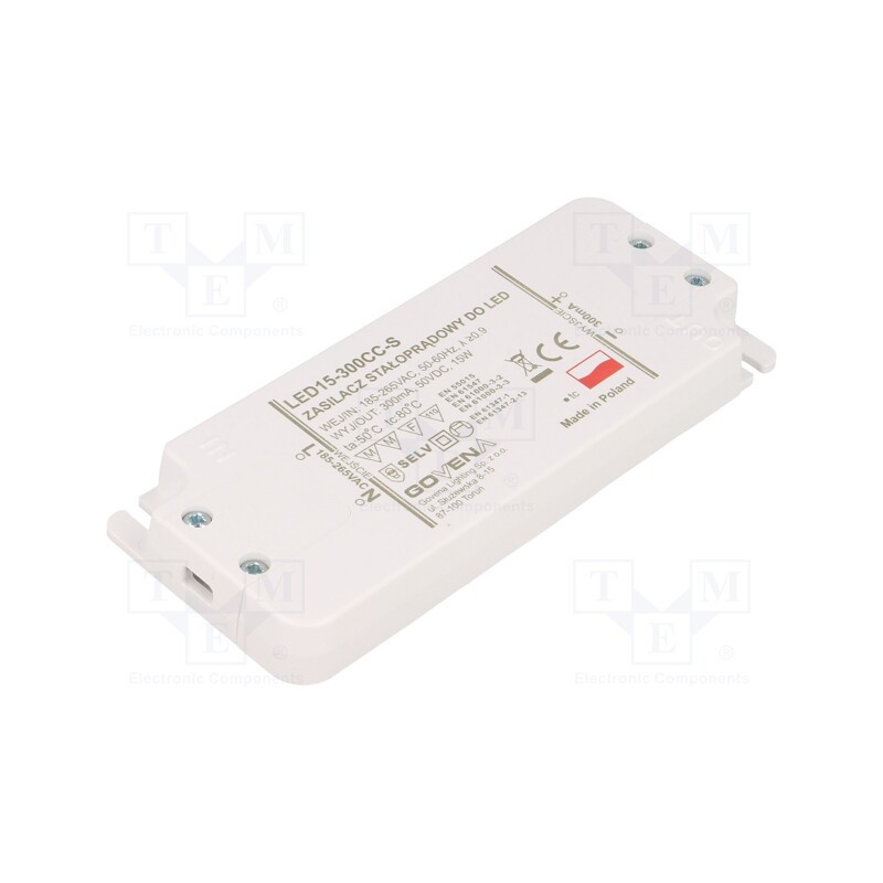 1 pcs x GOVENA - Z-LED-15W-300CC-SLIM - Power supply: switched-mode, LED, 15W, 10÷50VDC, 300mA, 185÷265VAC